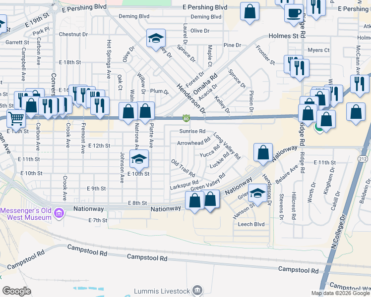 map of restaurants, bars, coffee shops, grocery stores, and more near 1112-1114 Rosebud Road in Cheyenne