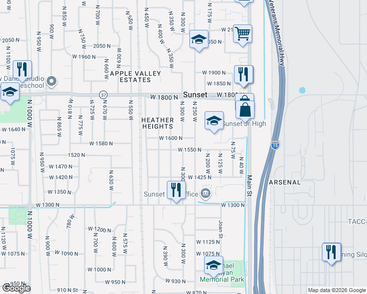 map of restaurants, bars, coffee shops, grocery stores, and more near 296 West 1550 North in Sunset