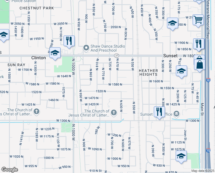 map of restaurants, bars, coffee shops, grocery stores, and more near 747 West 1580 North in Clinton