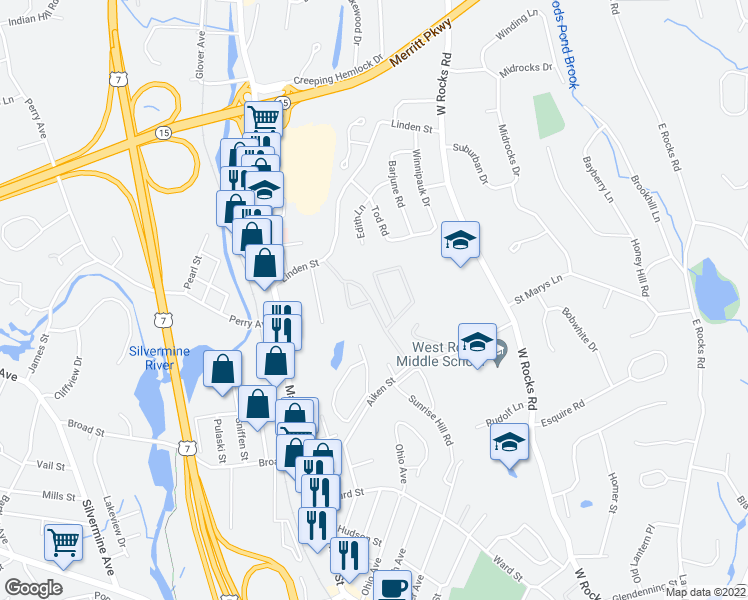 map of restaurants, bars, coffee shops, grocery stores, and more near Winnipauk Village Road in Norwalk