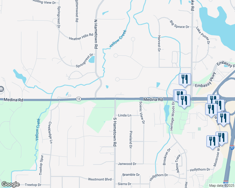 map of restaurants, bars, coffee shops, grocery stores, and more near 4651 Medina Road in Akron