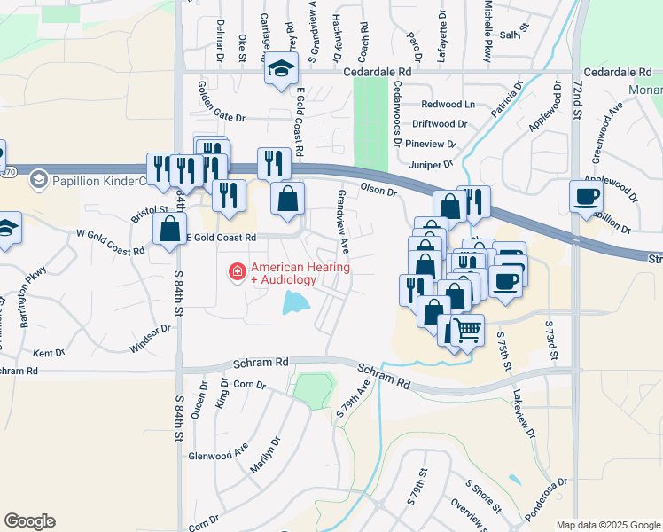 map of restaurants, bars, coffee shops, grocery stores, and more near 1600 Grandview Avenue in Papillion
