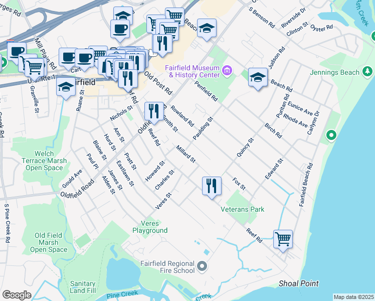 map of restaurants, bars, coffee shops, grocery stores, and more near 172 Millard Street in Fairfield