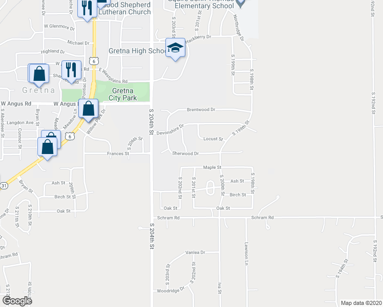 map of restaurants, bars, coffee shops, grocery stores, and more near 513 Sherwood Drive in Gretna