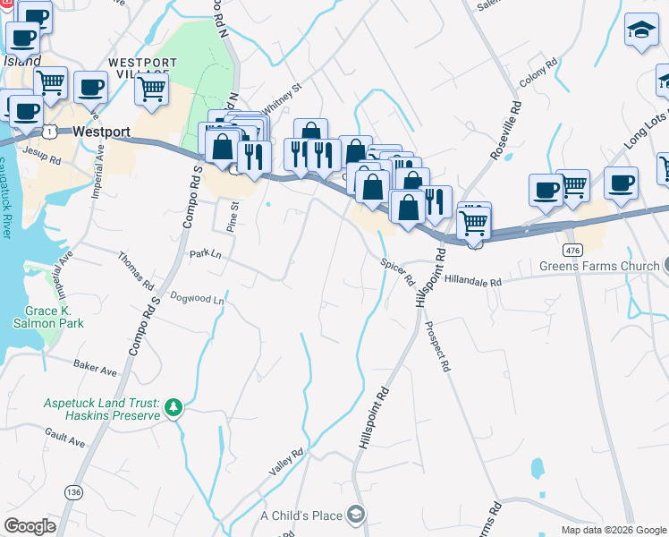 map of restaurants, bars, coffee shops, grocery stores, and more near 23 Rayfield Road in Westport