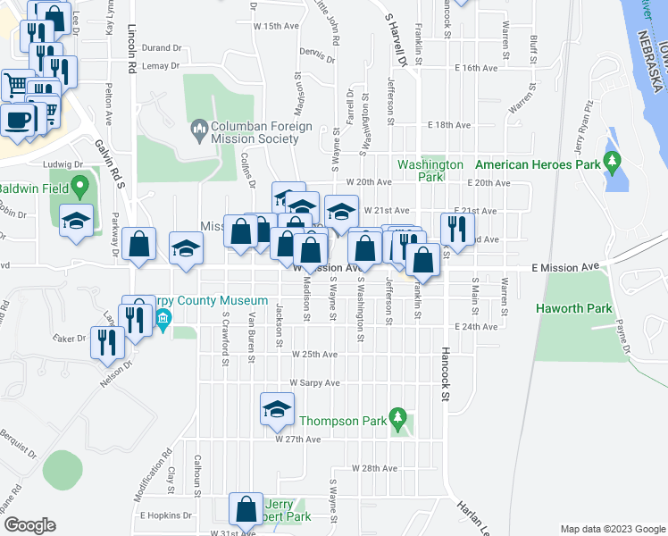 map of restaurants, bars, coffee shops, grocery stores, and more near 2201 South Wayne Street in Bellevue