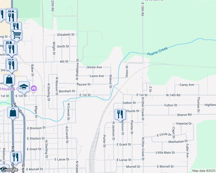 map of restaurants, bars, coffee shops, grocery stores, and more near 1406 Walnut Street in Streator