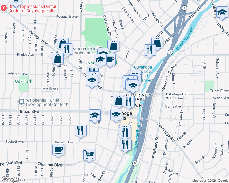 map of restaurants, bars, coffee shops, grocery stores, and more near 265 Portage Trail in Cuyahoga Falls