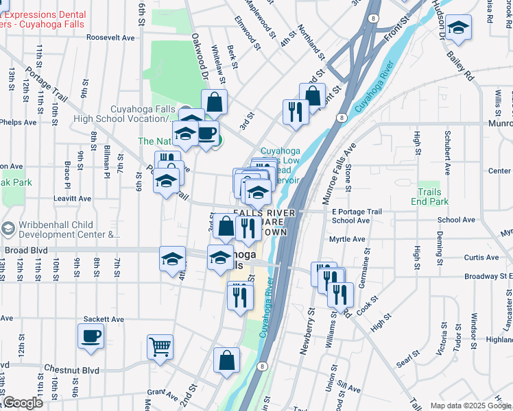 map of restaurants, bars, coffee shops, grocery stores, and more near 2206 Front Street in Cuyahoga Falls