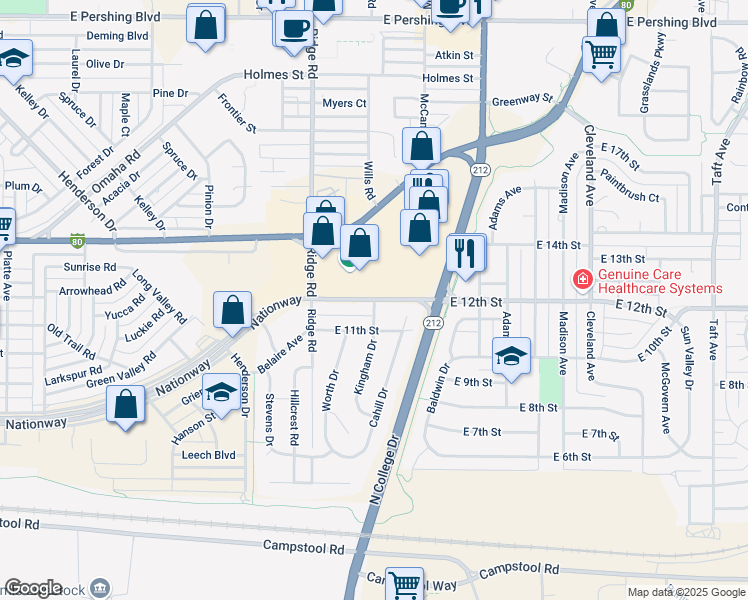 map of restaurants, bars, coffee shops, grocery stores, and more near 1198 Kingham Dr in Cheyenne