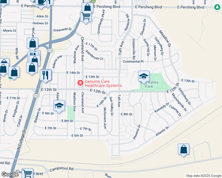 map of restaurants, bars, coffee shops, grocery stores, and more near 4811 East 12th Street in Cheyenne