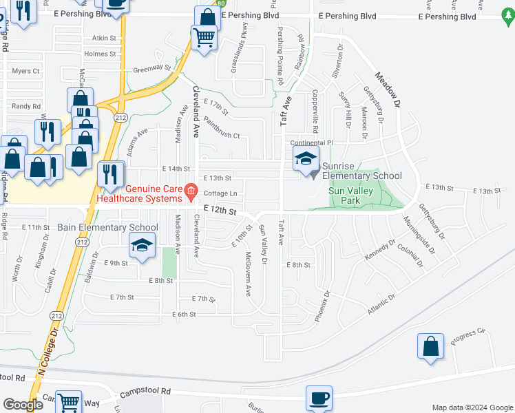map of restaurants, bars, coffee shops, grocery stores, and more near 4811 East 12th Street in Cheyenne