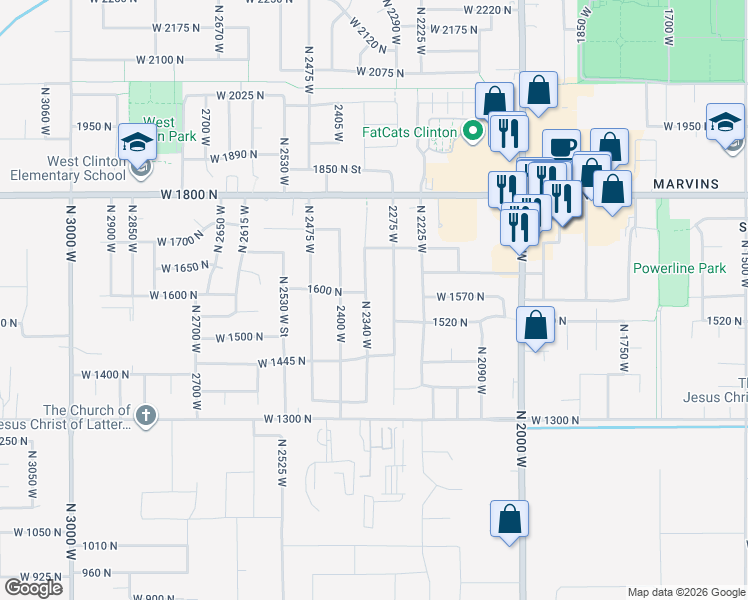 map of restaurants, bars, coffee shops, grocery stores, and more near 1508 North 2340 West in Clinton
