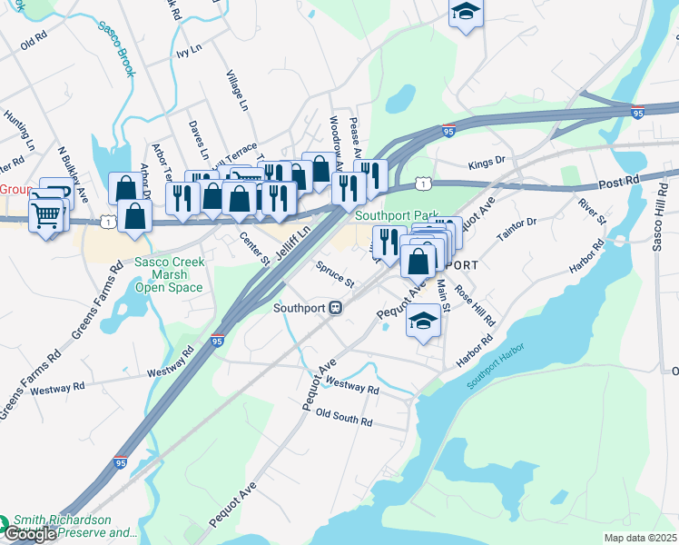 map of restaurants, bars, coffee shops, grocery stores, and more near 51 Spruce Street in Fairfield