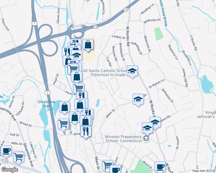 map of restaurants, bars, coffee shops, grocery stores, and more near Winnipauk Village Road in Norwalk