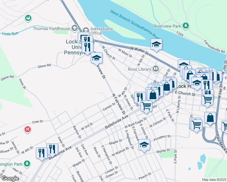 map of restaurants, bars, coffee shops, grocery stores, and more near 141 West 4th Street in Lock Haven