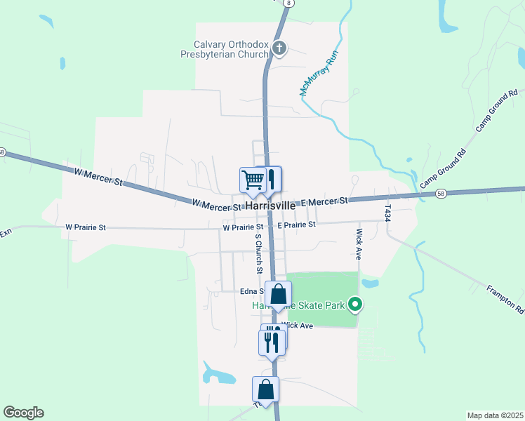 map of restaurants, bars, coffee shops, grocery stores, and more near 124 South Main Street in Harrisville
