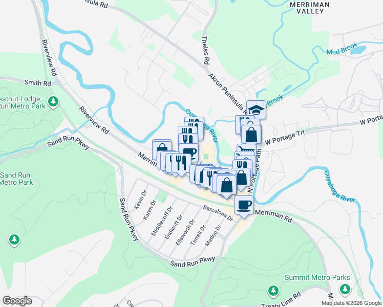 map of restaurants, bars, coffee shops, grocery stores, and more near 1238 Weathervane Lane in Akron