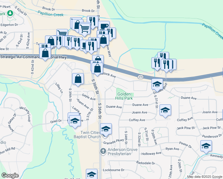 map of restaurants, bars, coffee shops, grocery stores, and more near 11601 South 35th Street in Bellevue