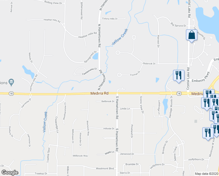 map of restaurants, bars, coffee shops, grocery stores, and more near 4655 Medina Rd in Akron
