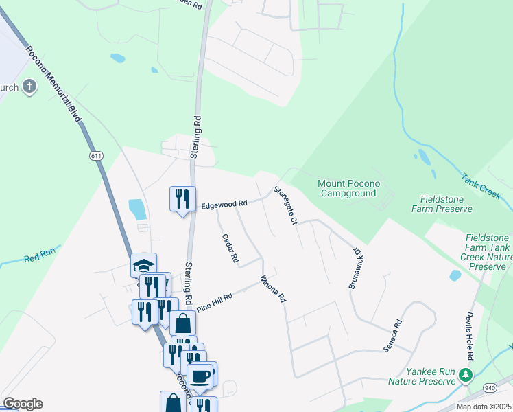 map of restaurants, bars, coffee shops, grocery stores, and more near 10 Edgewood Road in Mount Pocono