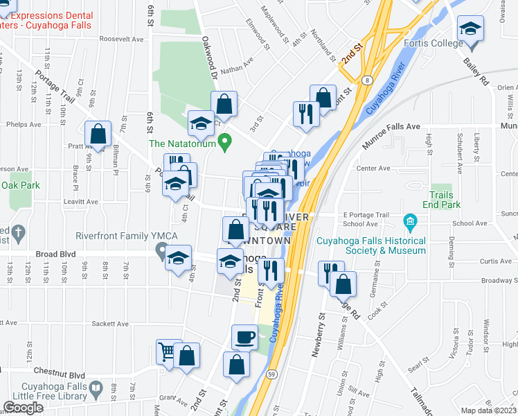 map of restaurants, bars, coffee shops, grocery stores, and more near 123 Portage Trail in Cuyahoga Falls