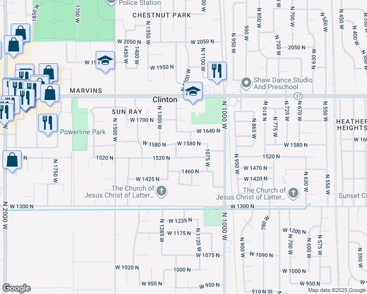 map of restaurants, bars, coffee shops, grocery stores, and more near 1197 West 1580 North in Clinton