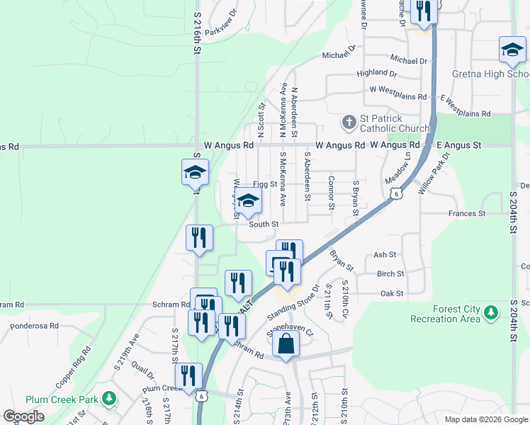 map of restaurants, bars, coffee shops, grocery stores, and more near 248 South Scott Street in Gretna