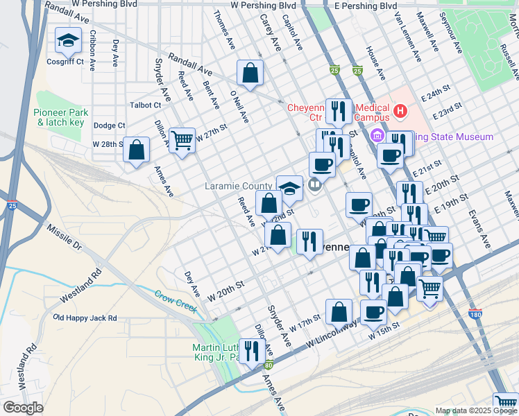 map of restaurants, bars, coffee shops, grocery stores, and more near 2200 Bent Ave in Cheyenne