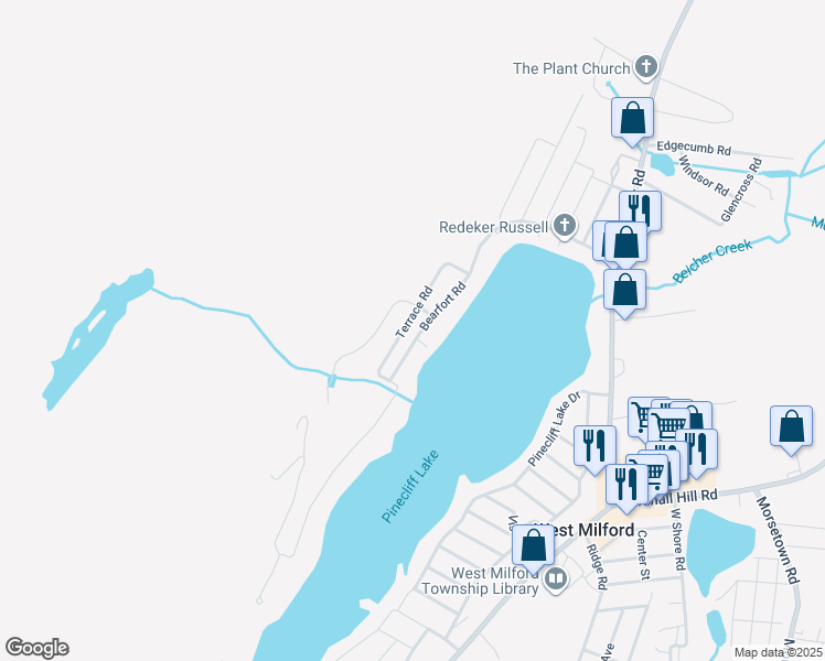map of restaurants, bars, coffee shops, grocery stores, and more near 113 Bearfort Road in West Milford