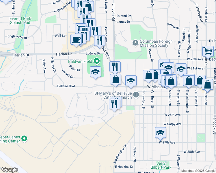 map of restaurants, bars, coffee shops, grocery stores, and more near 1200 West Mission Avenue in Bellevue