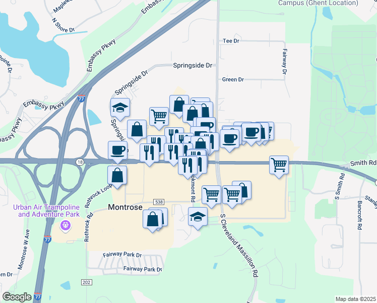 map of restaurants, bars, coffee shops, grocery stores, and more near 3899 Medina Road in Akron