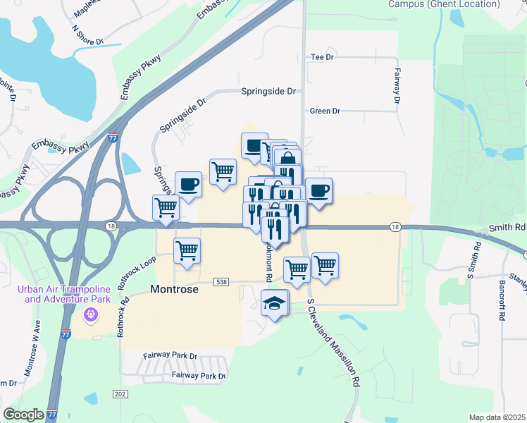 map of restaurants, bars, coffee shops, grocery stores, and more near 3899 Medina Road in Akron