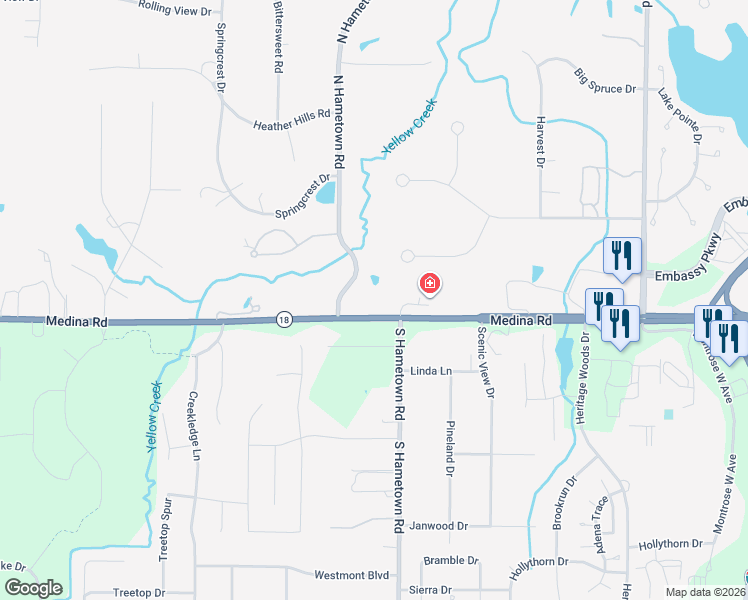 map of restaurants, bars, coffee shops, grocery stores, and more near 4655 Medina Road in Copley