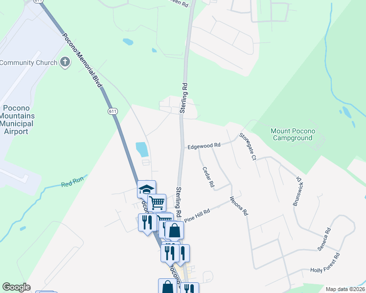 map of restaurants, bars, coffee shops, grocery stores, and more near 181 Sterling Road in Mount Pocono
