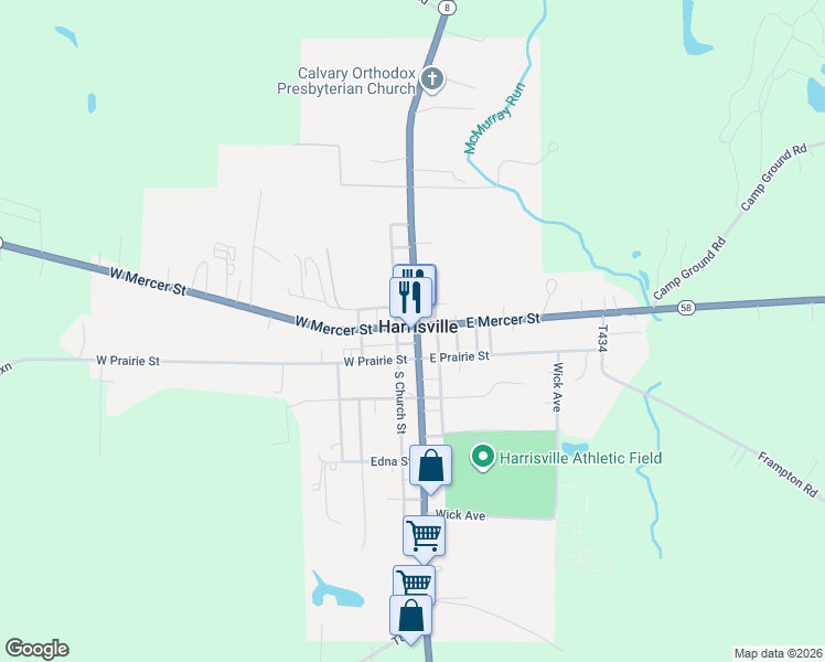 map of restaurants, bars, coffee shops, grocery stores, and more near 124 South Main Street in Harrisville