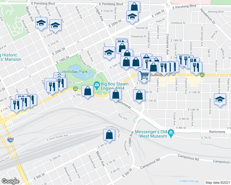 map of restaurants, bars, coffee shops, grocery stores, and more near 1407 East 13th Street in Cheyenne