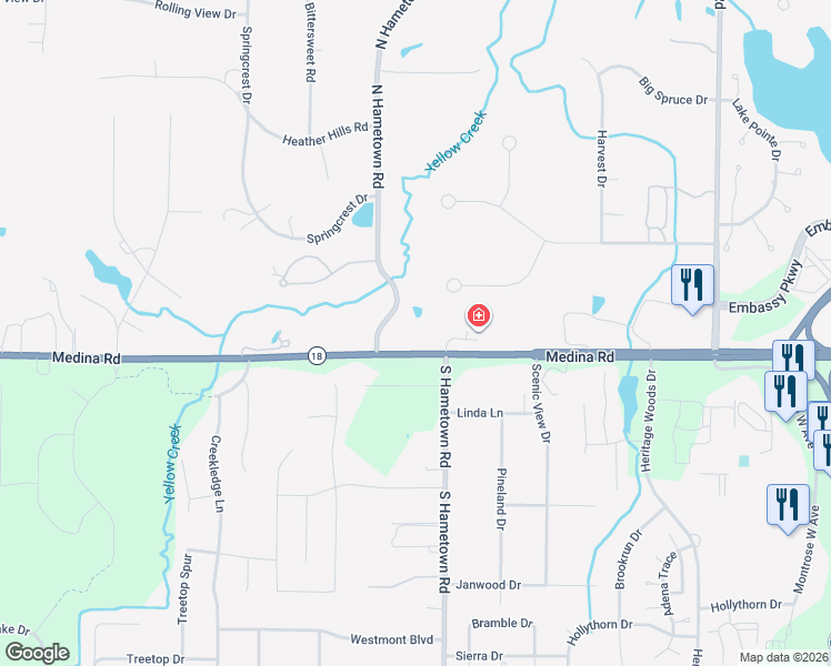 map of restaurants, bars, coffee shops, grocery stores, and more near 4655 Medina Road in Copley