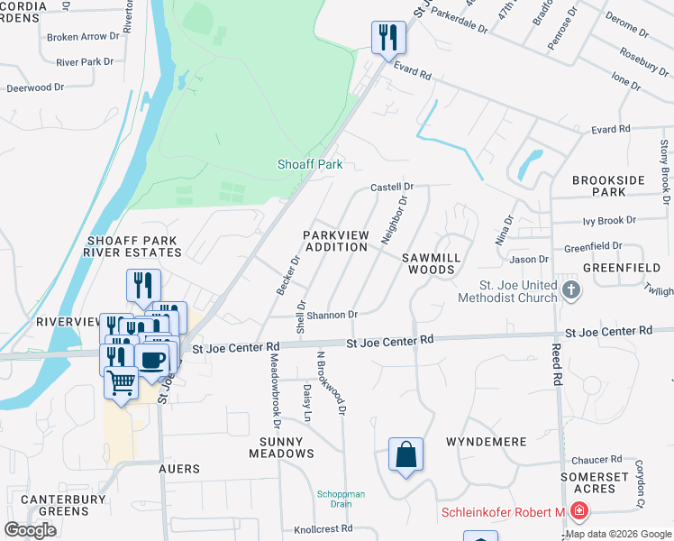 map of restaurants, bars, coffee shops, grocery stores, and more near 6108 Goodfellow Dr in Fort Wayne