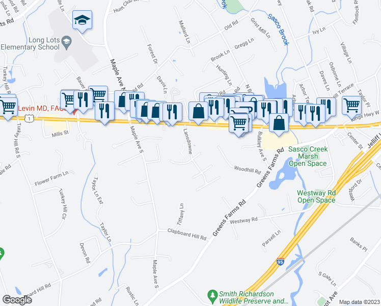 map of restaurants, bars, coffee shops, grocery stores, and more near Landsdowne Condo Road in Westport