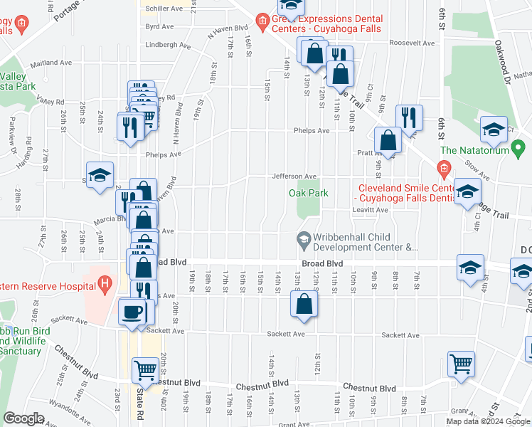map of restaurants, bars, coffee shops, grocery stores, and more near 2136 15th Street in Cuyahoga Falls