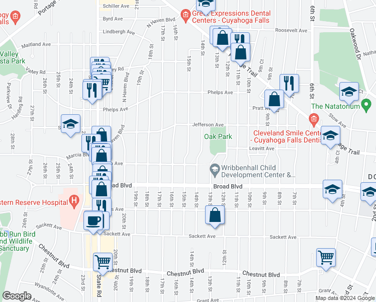 map of restaurants, bars, coffee shops, grocery stores, and more near 15th Street in Cuyahoga Falls