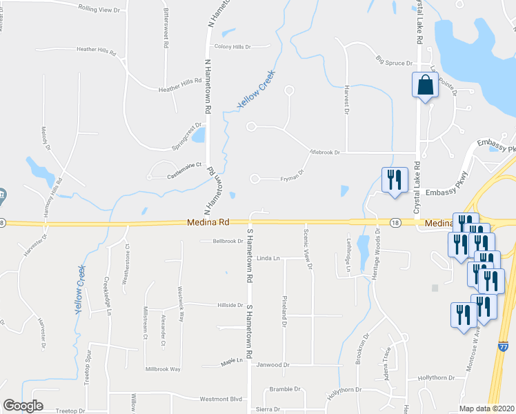 map of restaurants, bars, coffee shops, grocery stores, and more near 4651 Medina Road in Akron