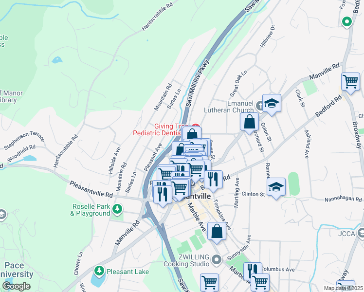 map of restaurants, bars, coffee shops, grocery stores, and more near 48 Washington Avenue in Pleasantville