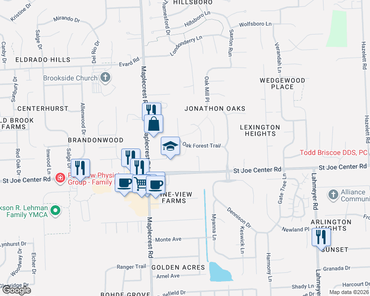 map of restaurants, bars, coffee shops, grocery stores, and more near 6517 Saint Joe Center Road in Fort Wayne
