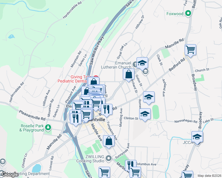 map of restaurants, bars, coffee shops, grocery stores, and more near 291 Manville Road in Pleasantville