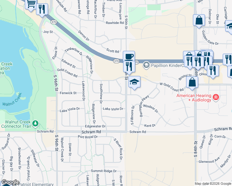 map of restaurants, bars, coffee shops, grocery stores, and more near 720 Fenwick Street in Papillion