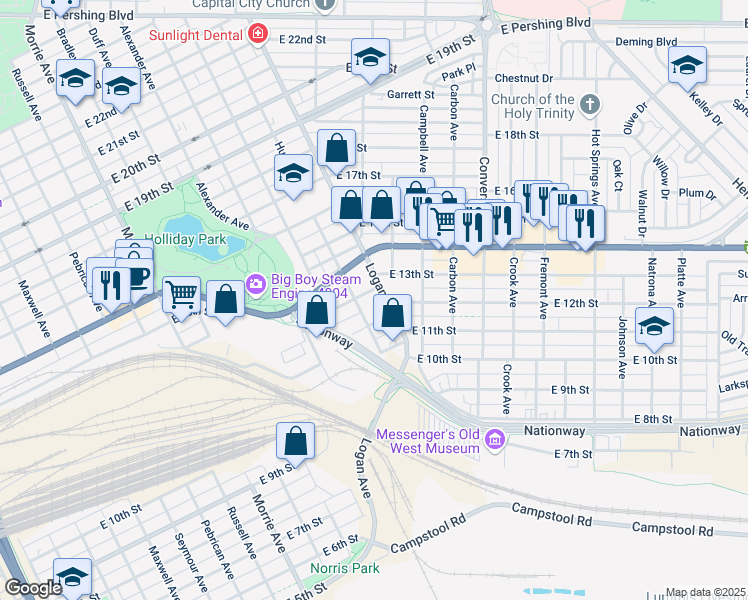 map of restaurants, bars, coffee shops, grocery stores, and more near 1609 East 12th Street in Cheyenne