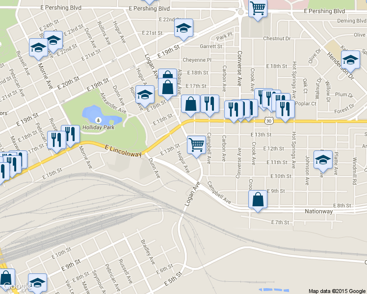 map of restaurants, bars, coffee shops, grocery stores, and more near 1609 East 12th Street in Cheyenne