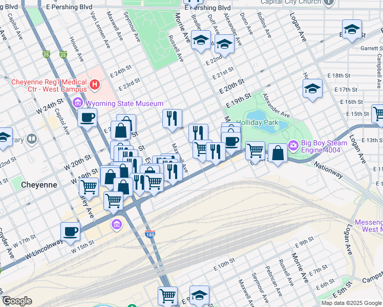 map of restaurants, bars, coffee shops, grocery stores, and more near 620 East 16th Street in Cheyenne